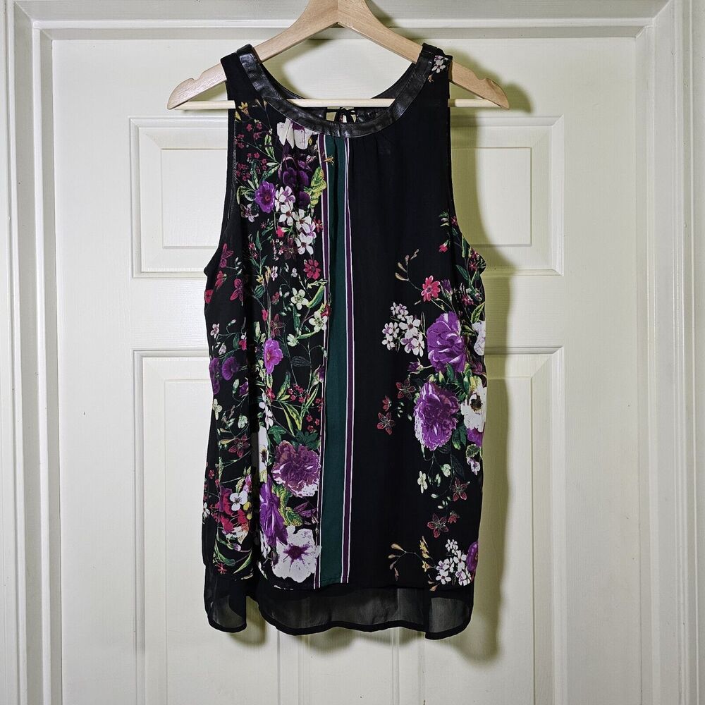 Bisou Bisou Women's Sleeveless Magic Garden Print Faux Leather Trimming Blouse M